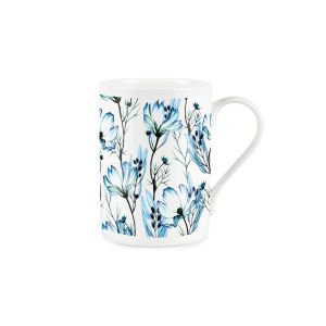 White fine bone china mug with a blue cosmos glass effect floral print