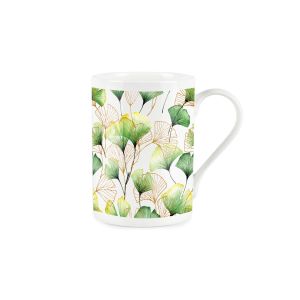 White fine bone china mug with a blue cosmos glass effect floral print