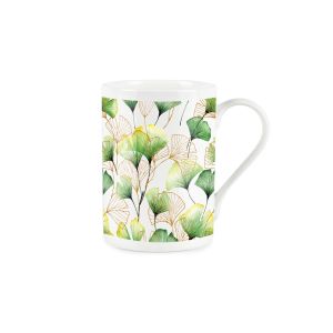 White fine bone china mug with a blue cosmos glass effect floral print