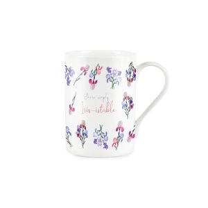 white fine bone china mug with floral iris design and valentines quote