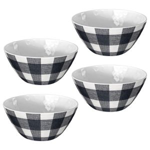 Set of 4 melamine plastic dessert/cereal bowls featuring a black and white checked gingham design.