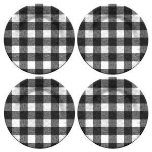 Set of 4 black and white gingham print melamine dinner plates.