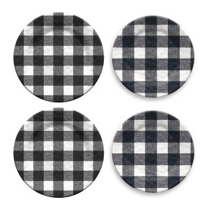 Mixed set of four melamine plates displaying a black and white gingham design, including 2 dinner plates and 2 side plates.