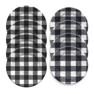 Mixed set of eight melamine plates displaying a black and white gingham design, including 4 dinner plates and 4 side plates.