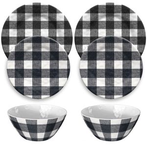 Black and white gingham print melamine dinnerware set, including dinner plates, side plates and bowls.