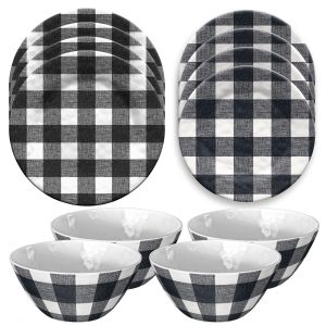 12 piece black and white gingham print melamine dinnerware set, including dinner plates, side plates and bowls.