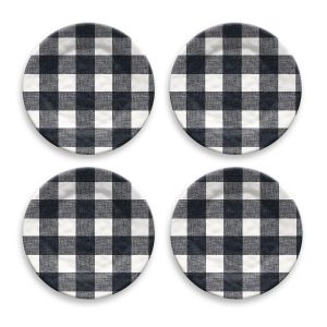 Black and white checked patterned melamine plastic side plates, 4 included in set.