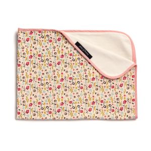 Small, soft floral print on a natural organic cotton baby stroller blanket. With a soft reverse, it will keep your baby warm in all weather