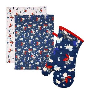 Dexam Bloom Indigo Tea Towels & Oven Gauntlet Set