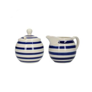 Blue & white striped sugar bowl and milk jug
