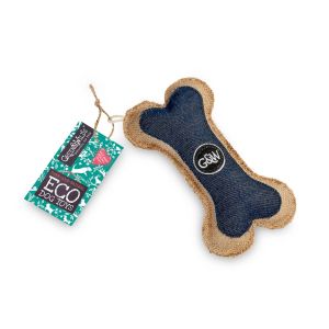 Bone-shaped dog chew toy, made from biodegradable jute fibre and denim.