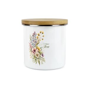 floral patterned tea storage canister made from enamel