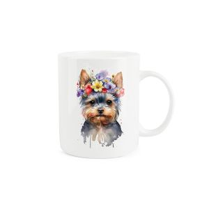 a white bone china mug with a yorkshire terrier dog face, wearing a crown made of flowers