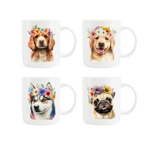 Purely Home Bone China Flower Crown Dog Mugs - Set of 4