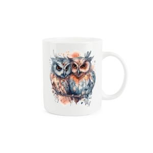White bone china mug with a cute owl couple design, and text on the back quoting "Owl love you always"