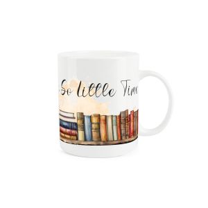 White bone china mug with books design and quote 'so many books, so little time'
