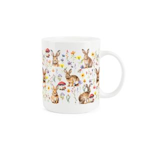 White 400ml bone china mug featuring a spring themed design with rabbits and wildflowers