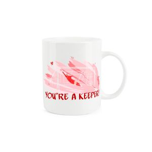 Football themed valentines bone china mug with a goal net, goalkeeper and the caption "You're a Keeper"!