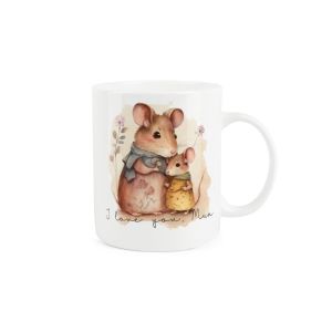 White bone china mug with cute mice illustration and text I love you Mum