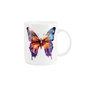 White bone china mug featuring a colourful cosmic butterfly design.