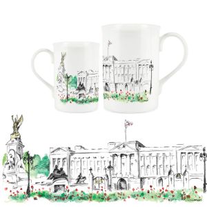 Buckingham Palace illustration by artist Rhiannon Chauncey printed onto a white bone china mug.