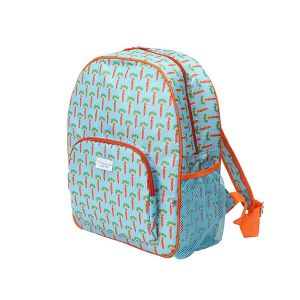 Kids blue backpack made from eco-friendly recycled plastic bottle fabric, printed with carrots