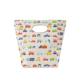 Multi-coloured, car printed lunch bag. Easily held with comfortable holes