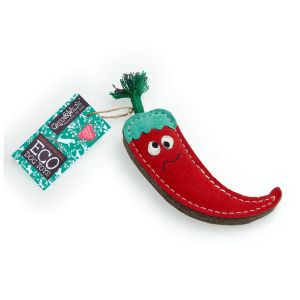 Red chilli-shaped dog chew toy, made from red suede and jute fibre.