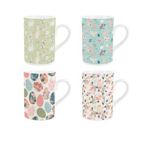 Set of four ceramic 260ml mugs featuring a mix of Easter themed designs.