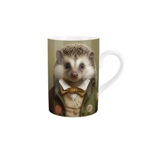 Ceramic mug printed with illustration of a wildlife creature dressed as if they are from the edwardian era.