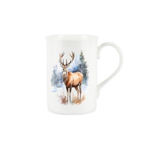 a white bone china mug with a christmas reindeer watercolour print