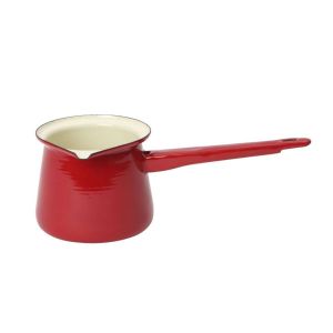 Enamel Turkish coffee pot with handle and hole for storing, in a royal red colour