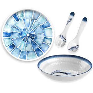 Coastal Melamine Round Platter, Salad Bowl & Servers Set