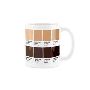 White ceramic mug with shades of brown coffee themed design