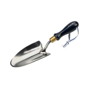 Stainless steel hand trowel with a navy blue painted certified wooden handle from Burgon & Ball.