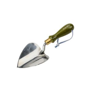 Stainless steel planting trowel with an olive green certified hardwood handle from Burgon & Ball.