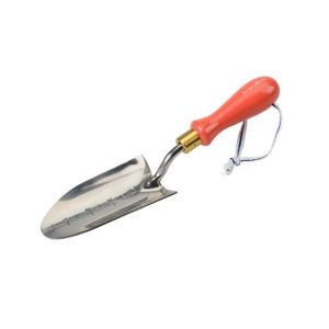 Stainless steel transplanter trowel with engraved markings and a red certified wooden handle from Burgon & Ball.