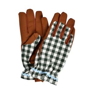 Dark green and white gingham checked print women's gardening gloves, with brown padded artificial suede palms.