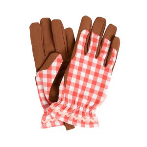 Red and white gingham checked print women's gardening gloves, with brown padded artificial suede palms.