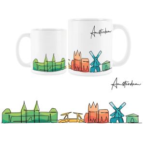 a white ceramic mug with a colourful image of the Amsterdam skyline for travel lovers