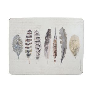 pack of six cream dinner table placemats with a painted feather design