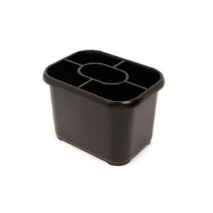 Black cutlery drainer for storing cutlery after washing up.