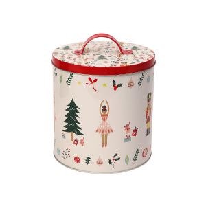 Tinplate biscuit tin with a nutcracker and sugar plum fairy design.