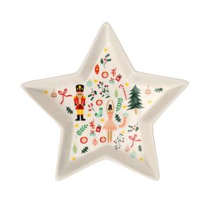 Large star shaped ceramic serving bowl with a christmas nutcracker and ballerina fairy design.