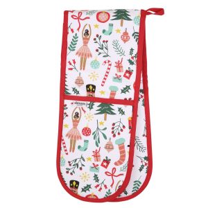 Recycled cotton double oven gloves with a nutcracker and sugar plum fairy inspired design.