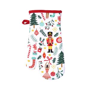 Gauntlet oven glove made from recycled cotton with a festive nutcracker design.