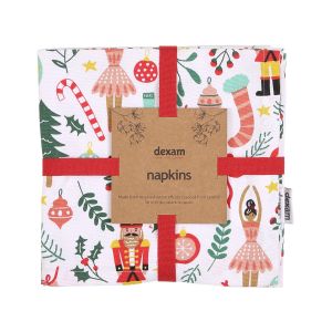 Mixed set of four recycled cotton napkins, with christmas nutcracker and winter foliage designs.