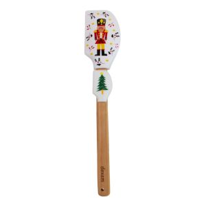 Set of two silicone spatulas with beech wood handles, one large with a nutcracker design and one small with a christmas tree design.