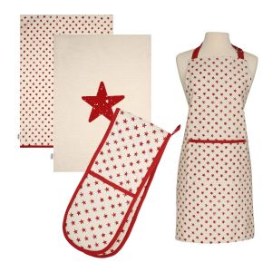 cotton apron, tea towels and oven glove set with red star pattern