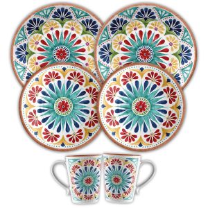 Rio Medallion Melamine Dinner & Side Plates Set with Mugs